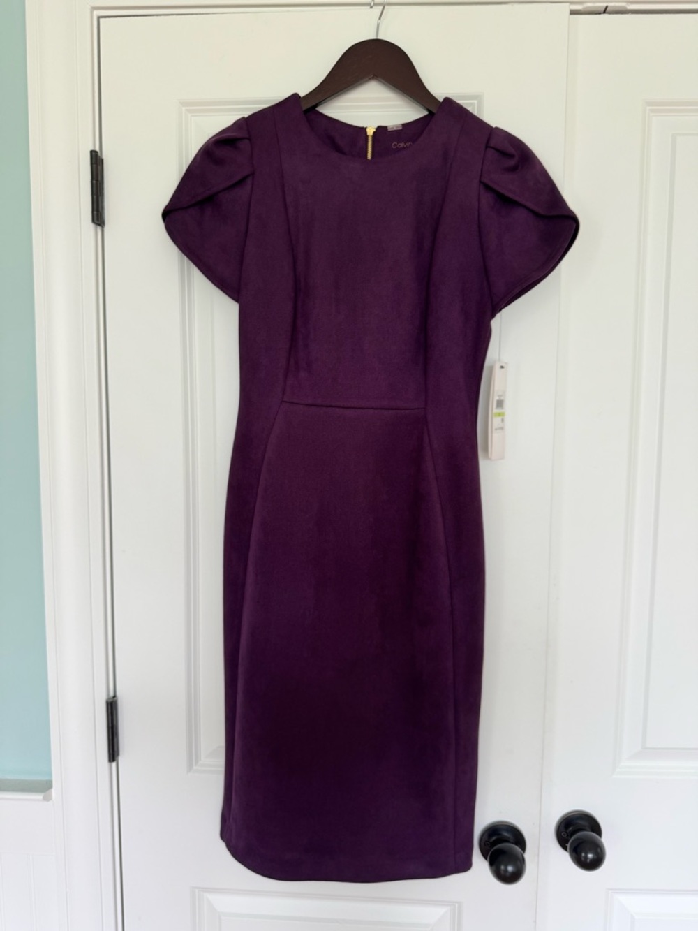 Calvin Klein Purple Midi Sheath Dress with Puff Sleeves
